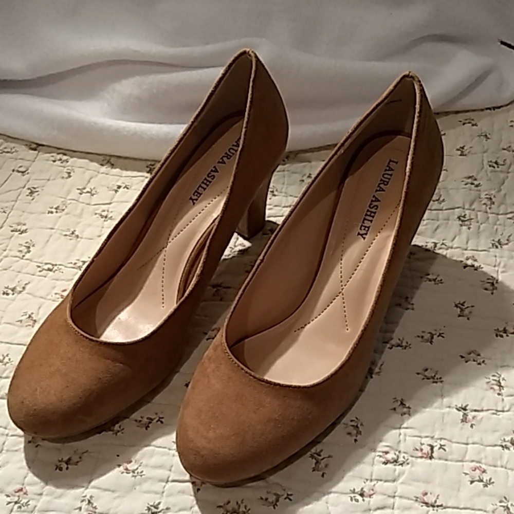 Laura Ashley, tan suade shoes with 3 inch heels